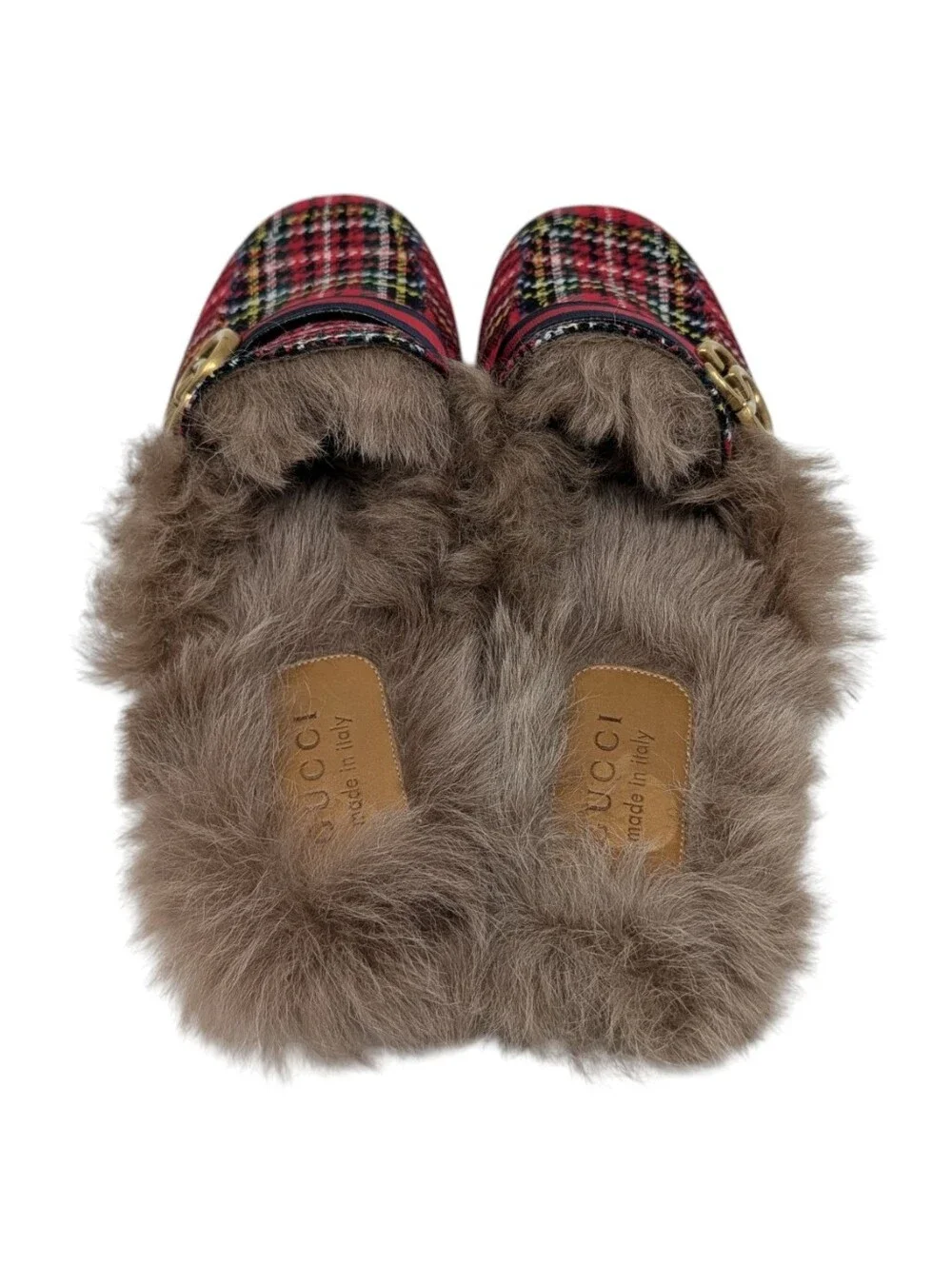 NEW Gucci GG Men's Red Plaid Fur Princetown Loafer Size 9.5